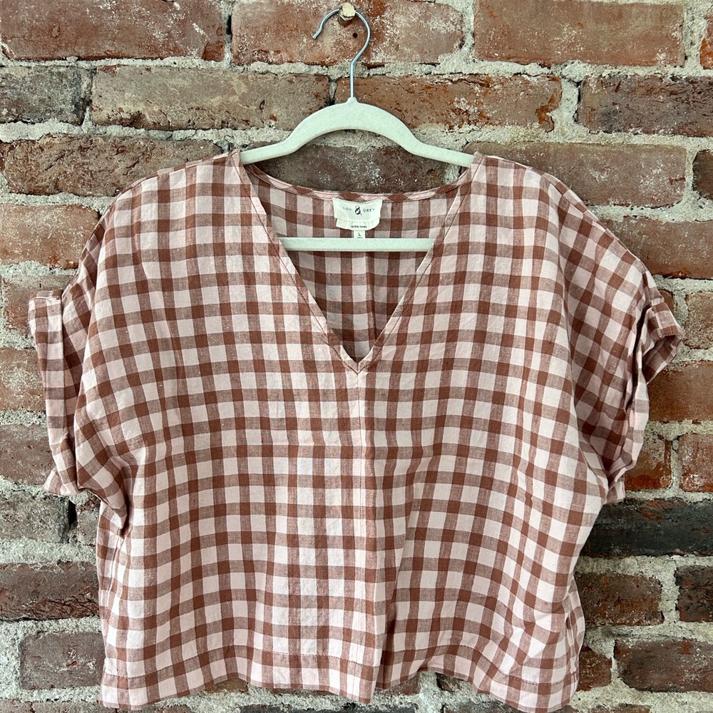 Lou & Grey Gingham Linen V-Neck Top from Loft Size Large